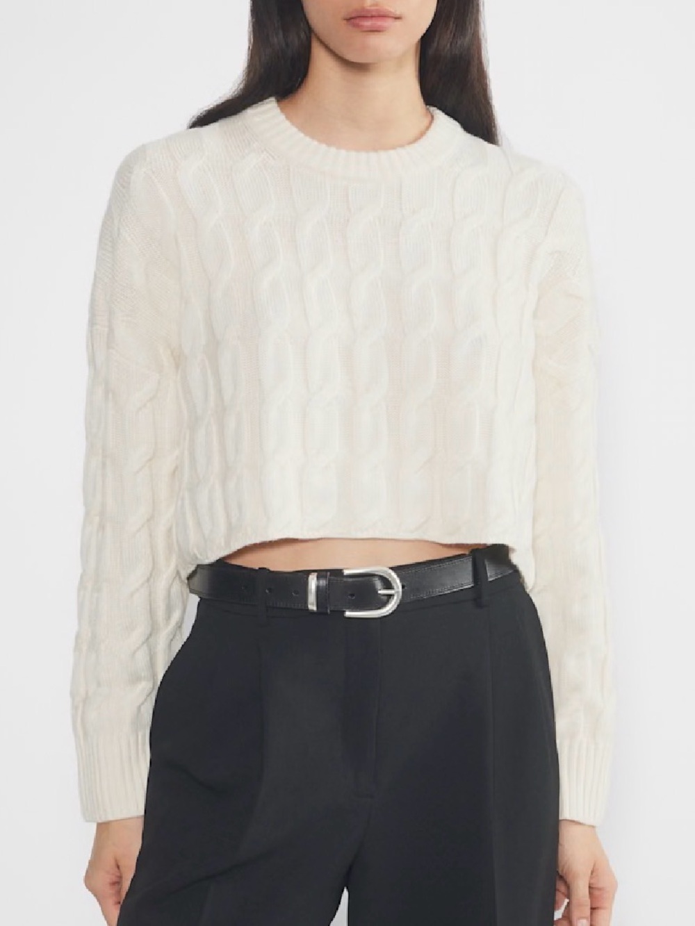 Babaton Ivory Cable-Knit Cropped Crew Sweater